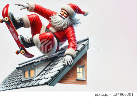 Santa Claus performs a trick on a skateboard over the roof of the house. Space for text. 124960301