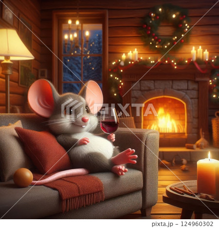 A mouse with a glass of wine by the fireplace in a cozy house. 124960302