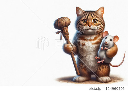 A cute cat with a mouse on his shoulder holds a rod like a chief. Space for text. 124960303