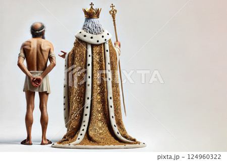 A king in a luxurious robe stands next to a poor man. Space for text. 124960322