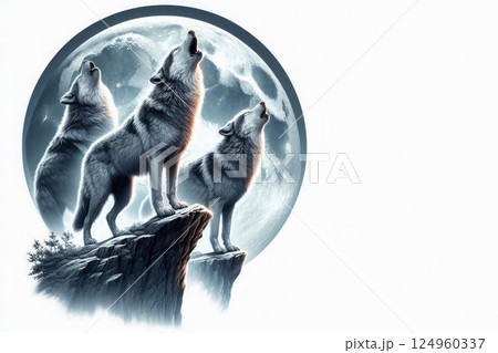 Three wolves howl at the full moon. Space for text. Three wolves howl at the full moon. Space for text. 124960337