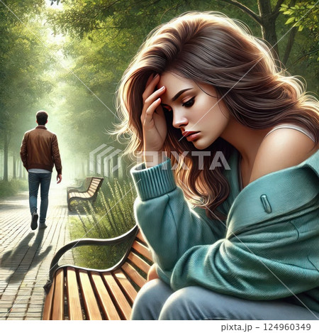 A sad girl on a park bench against the background of a guy walking into the distance. 124960349