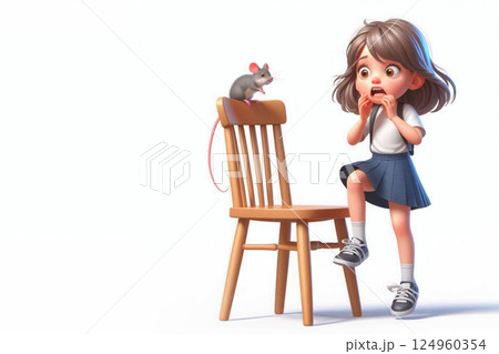 The girl looks frightened at the mouse on the chair. Space for text. 124960354
