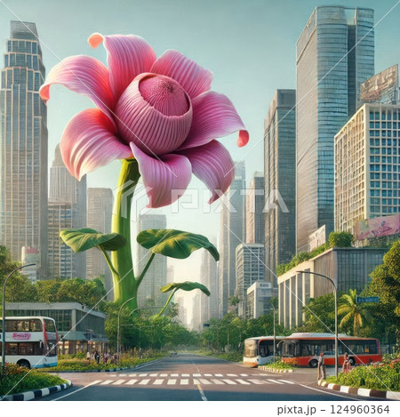 A giant pink flower in the center of the city. A giant pink flower in the center of the city. 124960364