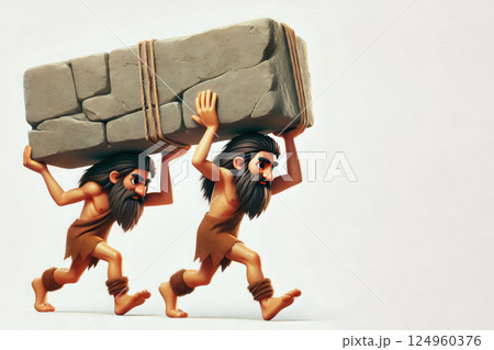 Cavemen carry a heavy stone. Space for text. Cavemen carry a heavy stone. Space for text. 124960376