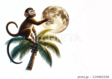 A monkey on a palm tree reaches for the moon. Space for text. 124960380