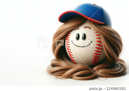 A baseball with a face, hair and a cap. Space for text. 124960382