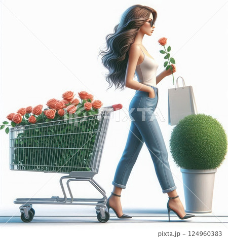 A woman with a cart full of roses. Space for text. 124960383
