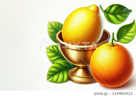 Lemon and orange against the background of a golden bowl. Space for text. 124960422