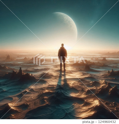 A lonely man on an alien surface under the light of a distant planet. 124960432