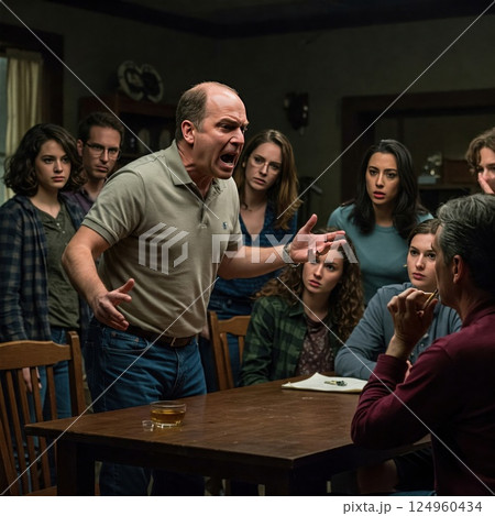 A man shouts at his family at the table amid tension. 124960434