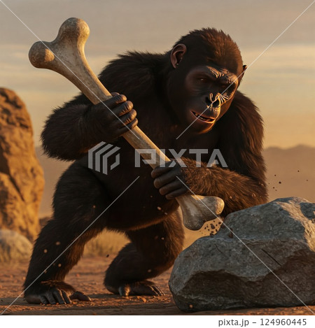A monkey breaks a stone with a large bone at...のイラスト素材 [124960445] - PIXTA