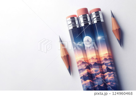 Pencils with a landscape of the starry sky and moon. Space for text. Pencils with a landscape of the starry sky and moon. Space for text. 124960468
