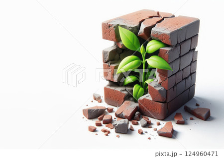 The plant makes its way through the broken wall. Space for text. 124960471
