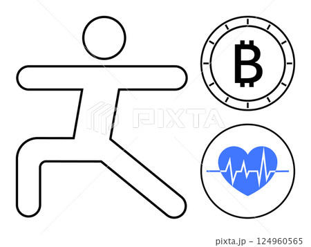 Stick figure in yoga pose next to Bitcoin symbol and heart health icon. Ideal for financial wellness, cryptocurrency health, balance, mindfulness, investment, holistic well-being, educational Stick figure in yoga pose next to Bitcoin symbol and heart health icon. Ideal for financial wellness, cryptocurrency health, balance, mindfulness, investment, holistic well-being, educational 124960565