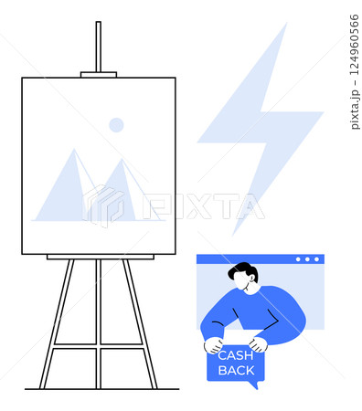 Artboard with geometric shapes triangles and moon on an easel, a person holding a Cash Back sign, and a lightning bolt symbol. Ideal for creativity, promotions, energy, finance, education. Simple Artboard with geometric shapes triangles and moon on an easel, a person holding a Cash Back sign, and a lightning bolt symbol. Ideal for creativity, promotions, energy, finance, education. Simple 124960566