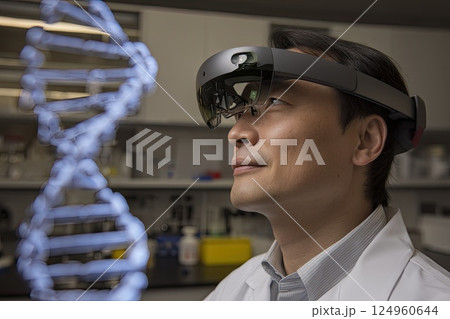 Male scientist wearing an AR headset interacting with a holographic DNA structure. Engaged in research, the male scientist studies a holographic DNA model for innovative discoveries. 124960644