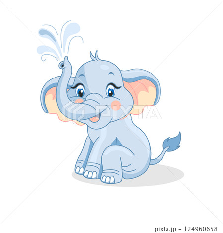 Cartoon cute baby elephant sitting on white background 124960658