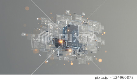 浮遊するホログラフィックUIとAIエージェントの抽象表現・近未来コンセプトイメージ 浮遊するホログラフィックUIとAIエージェントの抽象表現・近未来コンセプトイメージ 124960878