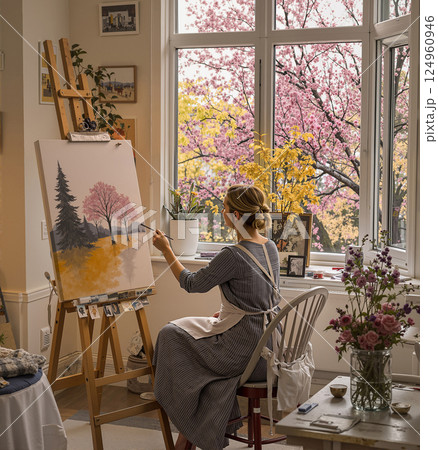 An artist at her painting canvas. 124960946