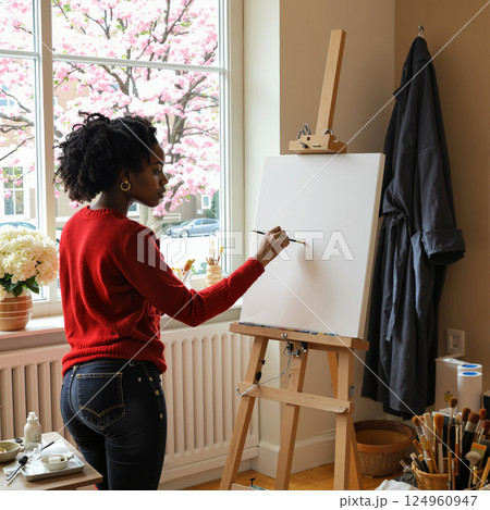 A girl at the window with an easel. 124960947