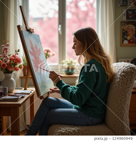 Girl at the window behind the canvas. 124960949