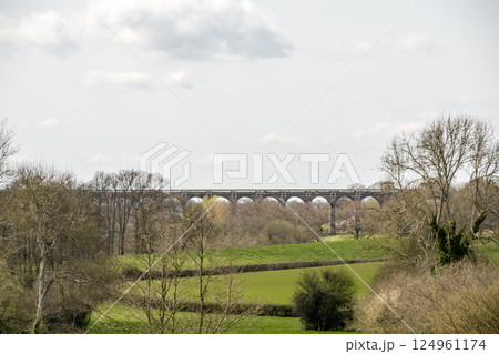 大木と緑に囲まれたレンガ造りの歴史的な高架橋　ロンドンから南の郊外にあるオウズ渓谷にて 124961174