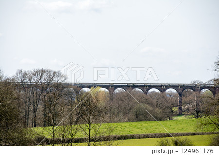 大木と緑に囲まれたレンガ造りの歴史的な高架橋　ロンドンから南の郊外にあるオウズ渓谷にて 124961176