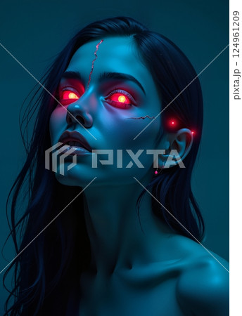 Illustration of a lady with red eyes. 124961209