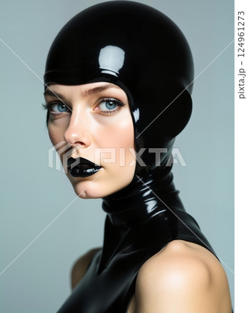 Girl in futuristic black letex. 124961273