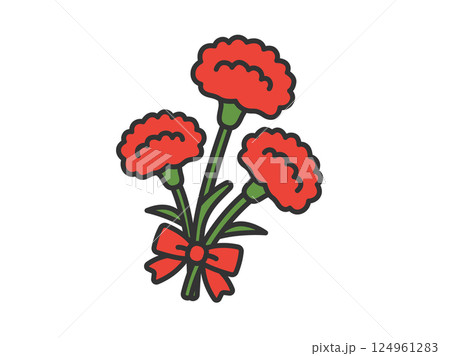 母の日の、リボンの付いた、赤色のカーネーションの花束（線画カラー）のイラスト 124961283