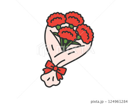母の日の、赤色のカーネーションの花束（線画カラー）のイラスト 124961284