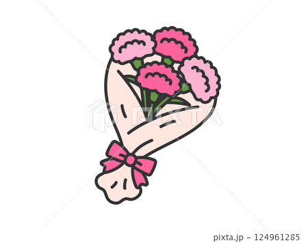 母の日の、ピンク色のカーネーションの花束（線画カラー）のイラスト 124961285