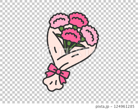 母の日の、ピンク色のカーネーションの花束（線画カラー）のイラスト 124961285