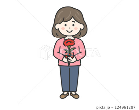 母の日に、カーネーションをプレゼントされた、女性（線画カラー）のイラスト 124961287