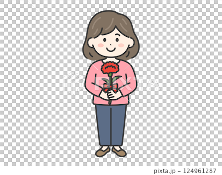 母の日に、カーネーションをプレゼントされた、女性（線画カラー）のイラスト 124961287