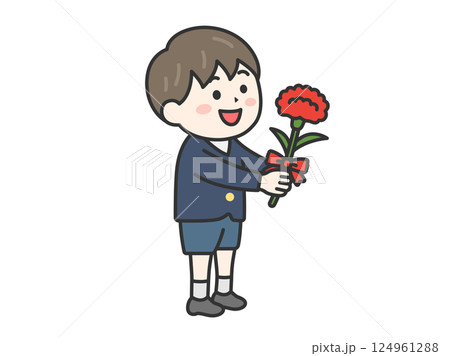 母の日に、カーネーションをプレゼントする、小学生の男の子（線画カラー）のイラスト 124961288