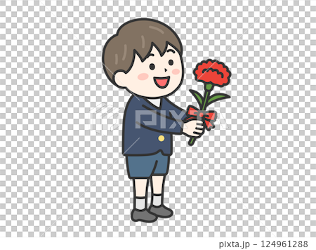 母の日に、カーネーションをプレゼントする、小学生の男の子（線画カラー）のイラスト 124961288