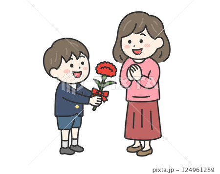 母の日に、カーネーションを母親にプレゼントする、小学生の男の子（線画カラー）のイラスト 124961289