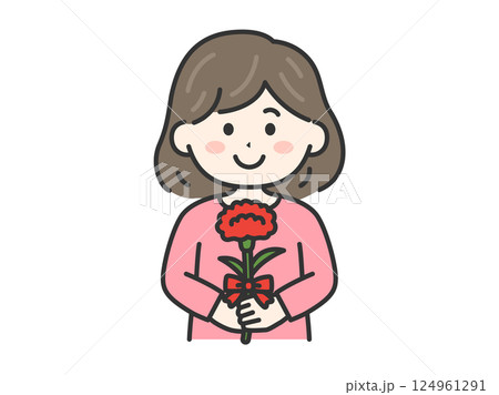 母の日に、カーネーションをプレゼントされた、女性（線画カラー）のイラスト 124961291