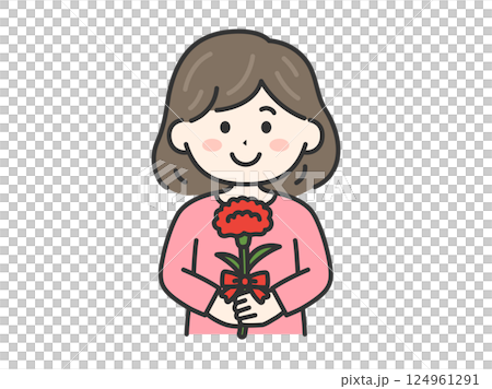 母の日に、カーネーションをプレゼントされた、女性（線画カラー）のイラスト 124961291