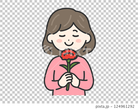 母の日に、カーネーションをプレゼントされた、女性（線画カラー）のイラスト 124961292