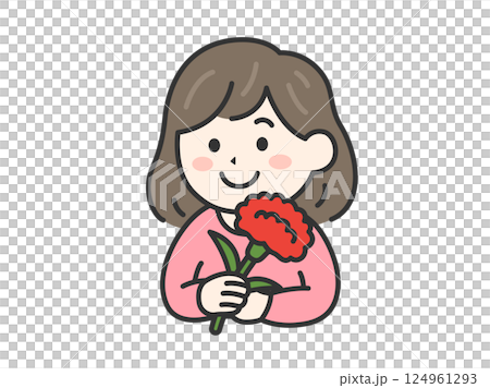 母の日に、カーネーションをプレゼントされた、女性（線画カラー）のイラスト 124961293
