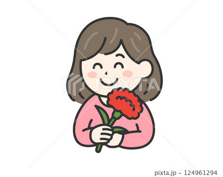 母の日に、カーネーションをプレゼントされた、笑顔の女性（線画カラー）のイラスト 124961294