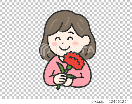 母の日に、カーネーションをプレゼントされた、笑顔の女性（線画カラー）のイラスト 124961294