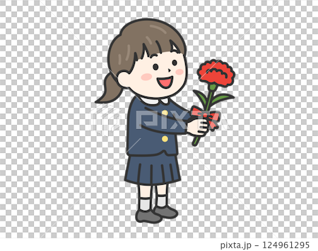 Illustration of an elementary school girl giving a carnation as a Mother's Day gift (line drawing, color) 124961295