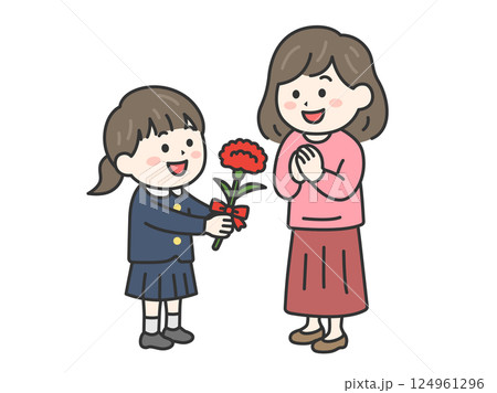 母の日に、カーネーションを母親にプレゼントする、小学生の女の子（線画カラー）のイラスト 124961296