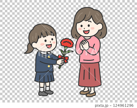 母の日に、カーネーションを母親にプレゼントする、小学生の女の子（線画カラー）のイラスト 124961296