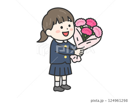 母の日に、カーネーションの花束をプレゼントする、小学生の女の子（線画カラー）のイラスト 124961298