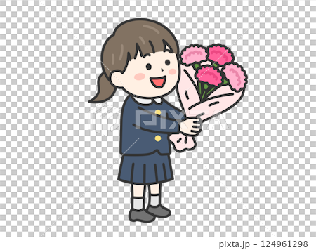 母の日に、カーネーションの花束をプレゼントする、小学生の女の子（線画カラー）のイラスト 124961298